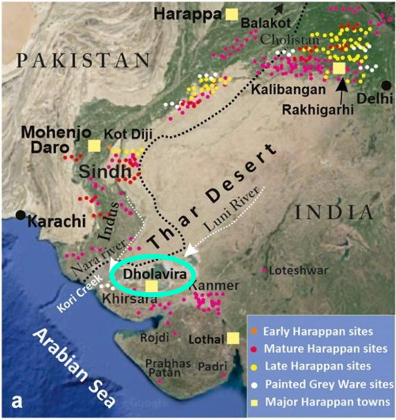 ▲印度和巴基斯坦境内青铜器时代印度河流域文明遗址的位置（图上的点都是），其中Dholavira是由考古学家挖掘出来，为印度最大的印度河流域文明城市遗迹之一。