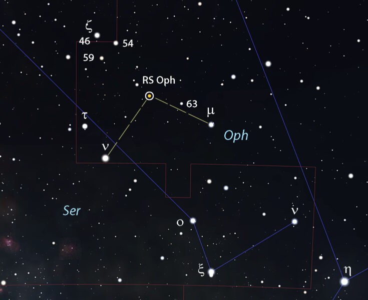 蛇夫座RS新星爆发：亮度一天内增加600倍，肉眼可见