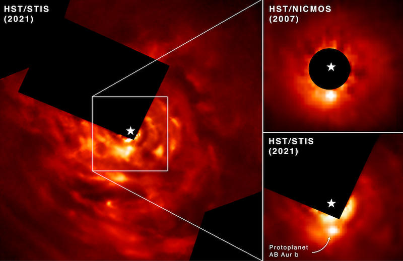 这是哈勃太空望远镜图像中看到的原行星AB Aurigae b（用箭头标记）。这些图像涵盖了 13 年的观测数据，使用了哈勃太空望远镜的成像光谱仪 ( STIS ) 和近红外相机和多目标光谱仪 ( NICMOS )。
