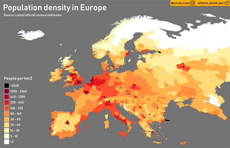 欧洲人口密度地图