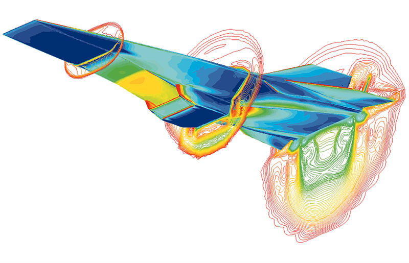 NASAX-43A的计算流体动力学(CFD)图像，超燃冲压发动机以7马赫的速度运行